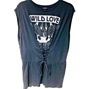 Express Womens‎ XL Corset-Style Tunic Top Gray Wild Love All Day Goth Grunge
